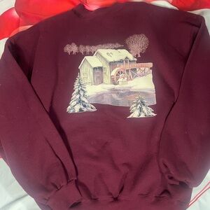 Vintage Burgundy Sweatshirt with Winter Scene